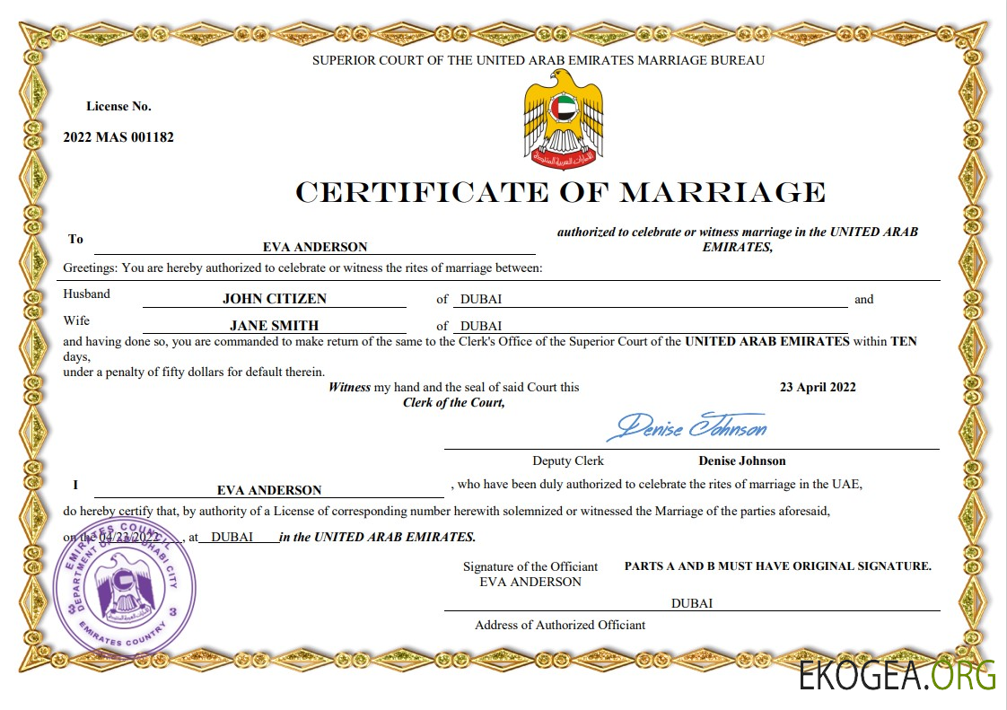 Modèle Word et PDF de certificat de mariage aux Émirats arabes unis